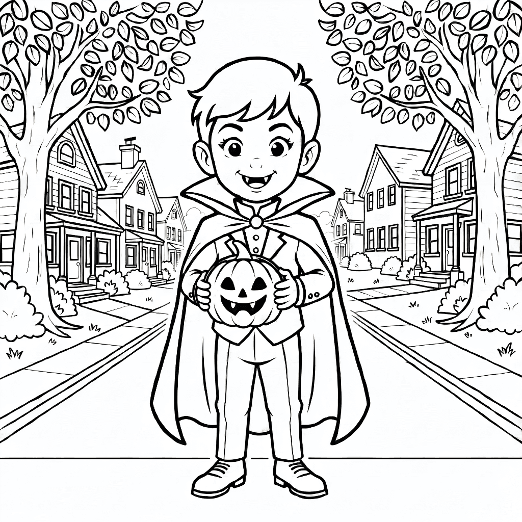 Child in vampire costume holding glowing pumpkin bucket on a neighborhood street with trees and houses