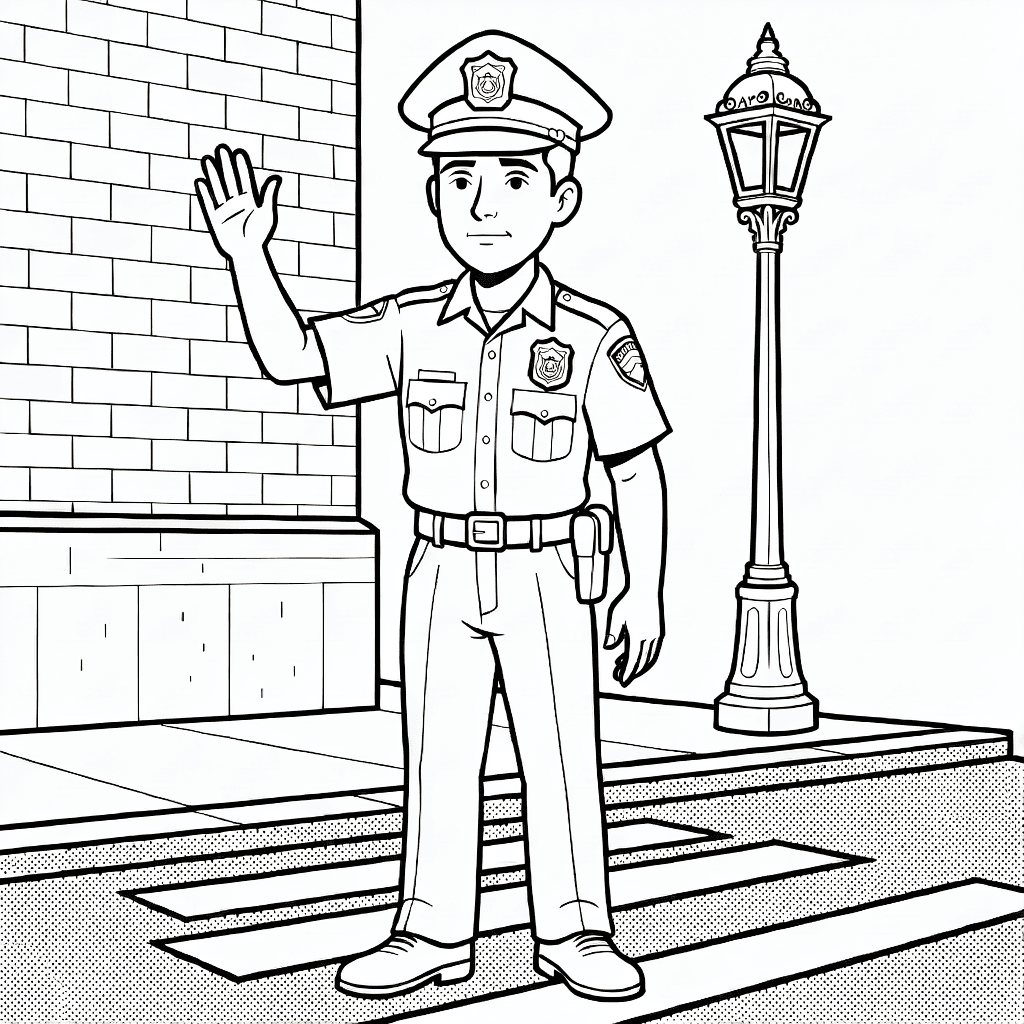 Realistischer Polizist in Uniform, der den Verkehr regelt, mit Stadthintergrund