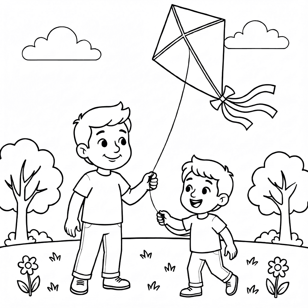 Father and son flying a large kite together in an open field with trees on a breezy day