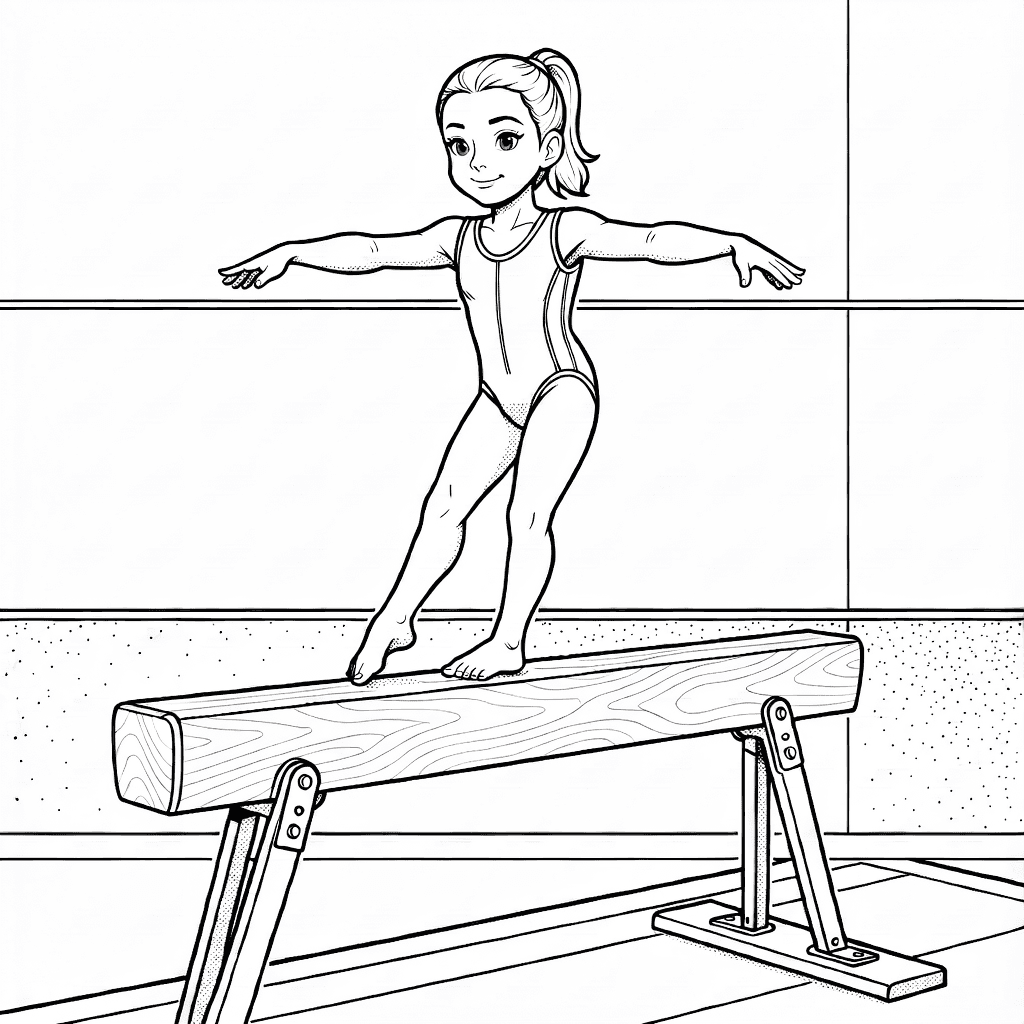 Niña haciendo gimnasia en barra de equilibrio con coleta y fondo de gimnasio