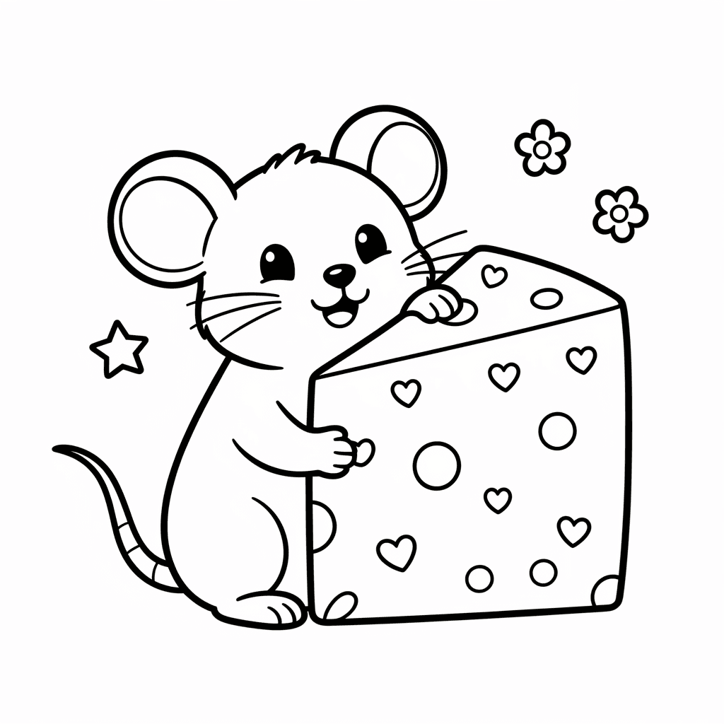 A mouse hugging a large piece of cheese with hearts floating around