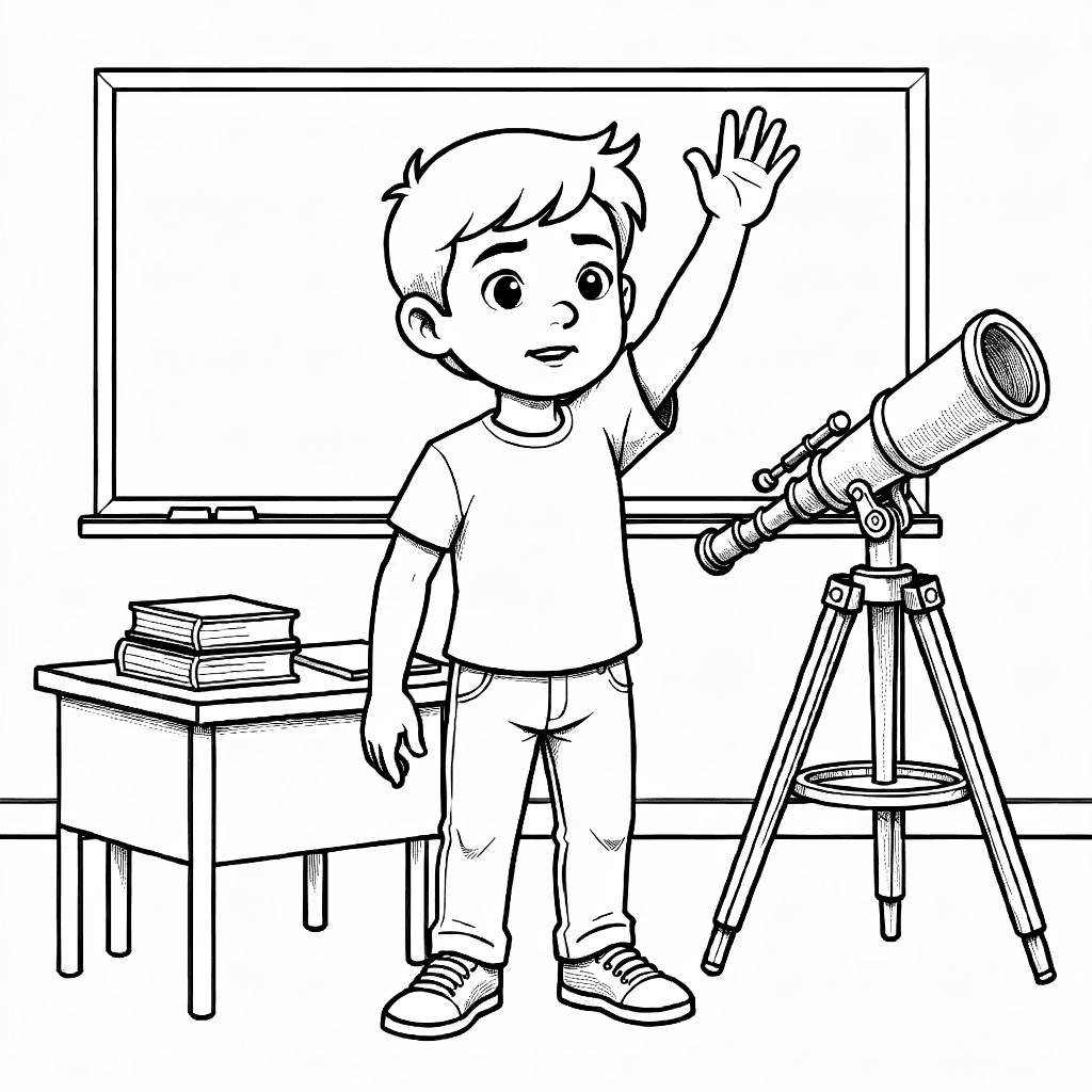 Garçon aux cheveux courts levant la main avec confiance dans une classe avec tableau noir, bureau, livres et télescope.