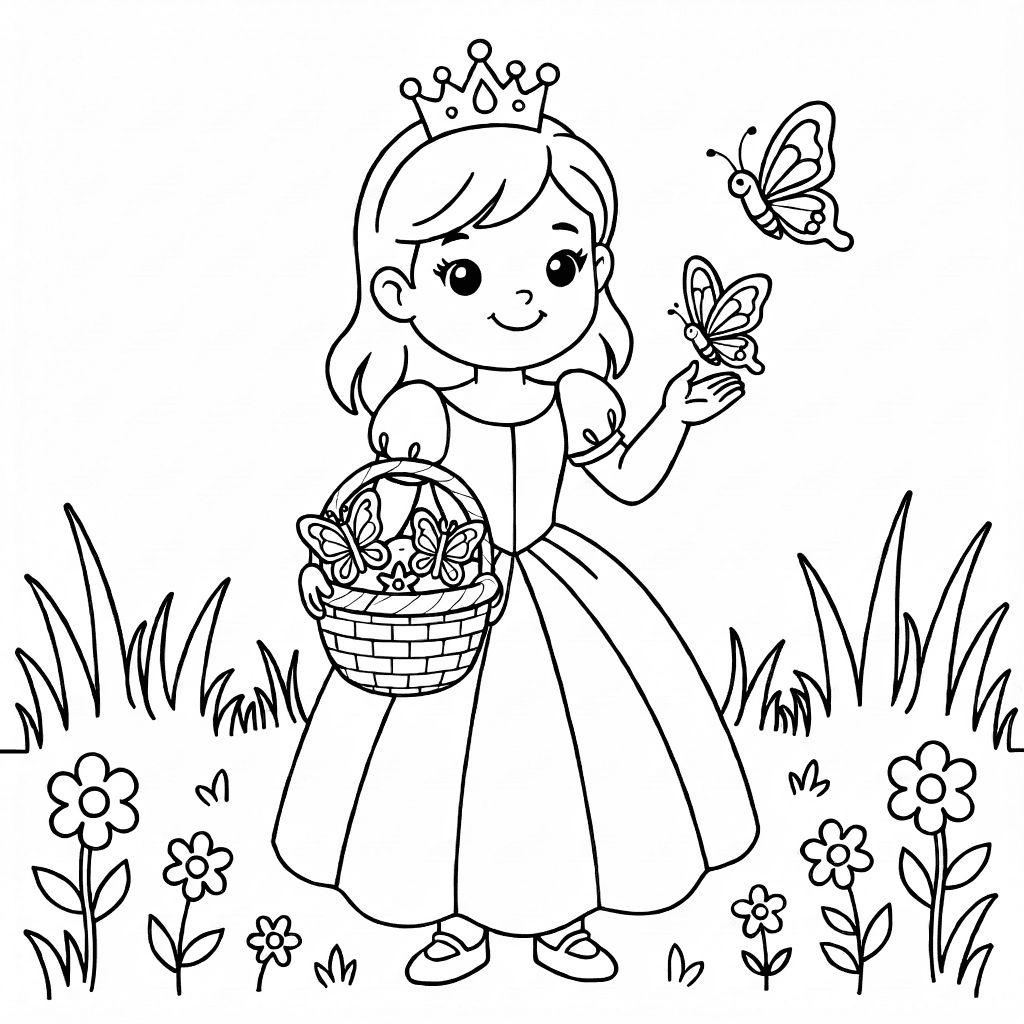 Principessa gentile con abito fluente e corona che tiene un cestino di farfalle in un prato fiorito