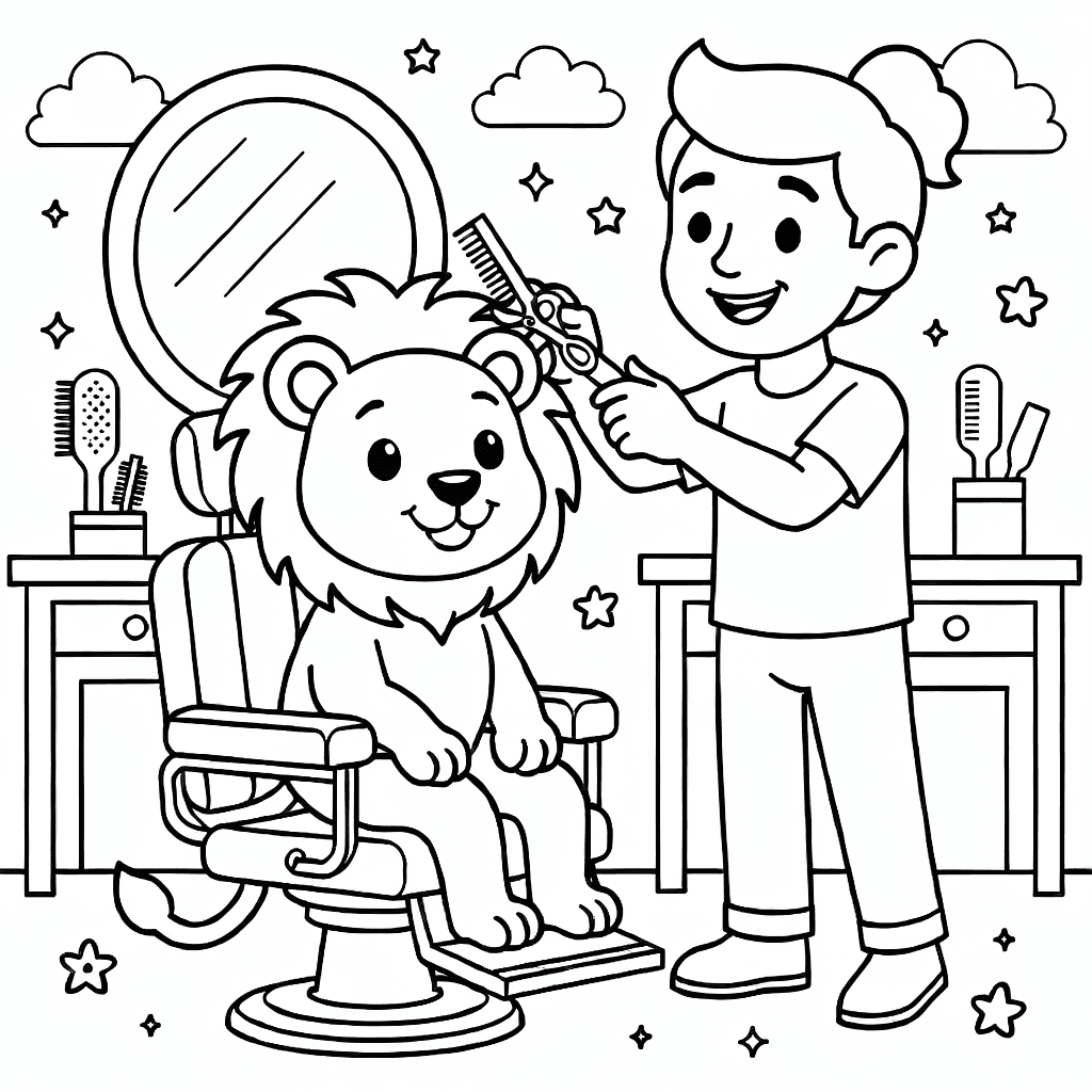 A lion sitting in a barber chair getting a haircut with scissors and comb