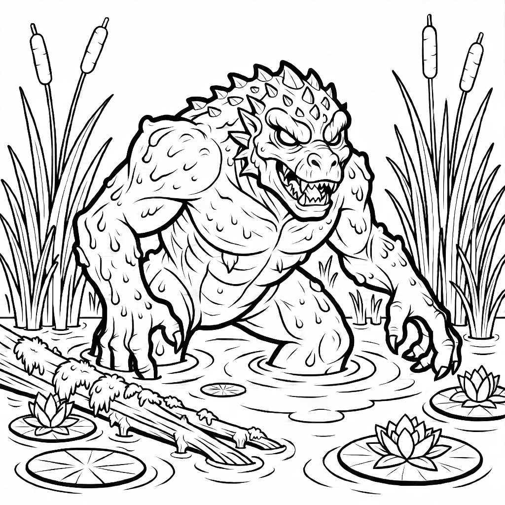 Sumpfmonster mit leuchtenden Augen, umgeben von Schilf, moosbedeckten Baumstämmen und Seerosen