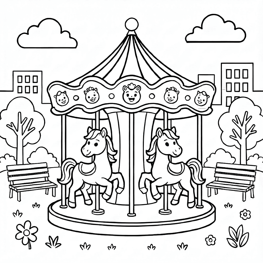 A cheerful carousel with rounded horses and whimsical details in a city park with trees and benches