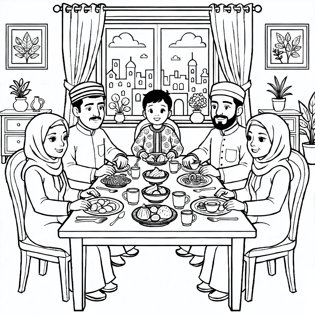 Familie versammelt an einem Esstisch zum festlichen Ramadanessen in traditioneller Kleidung