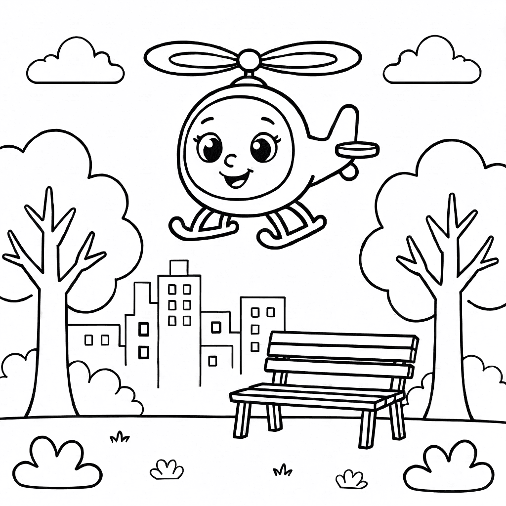 Ağaçlar ve banka sahip şehir parkının üzerinde uçan neşeli karikatür helikopter
