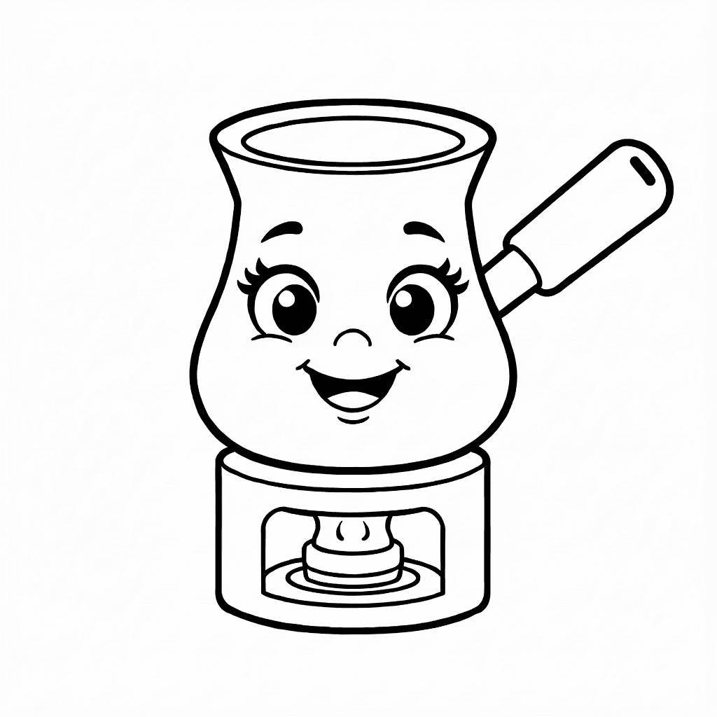 Ein lächelndes Cezve mit großen Augen, das auf einem kleinen Herd türkischen Kaffee zubereitet, mit freiem Bereich zum