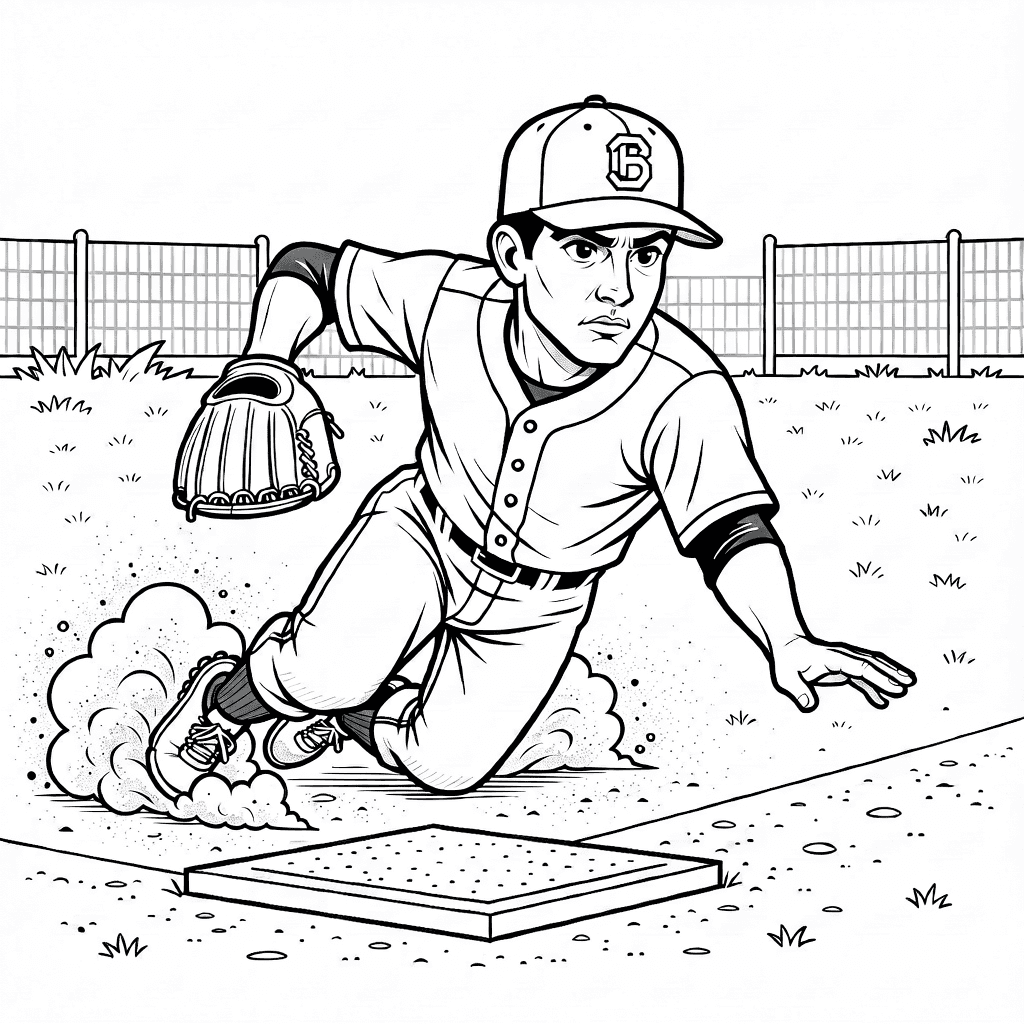 Jugador de béisbol deslizándose hacia la base home en un campo polvoriento con uniforme detallado