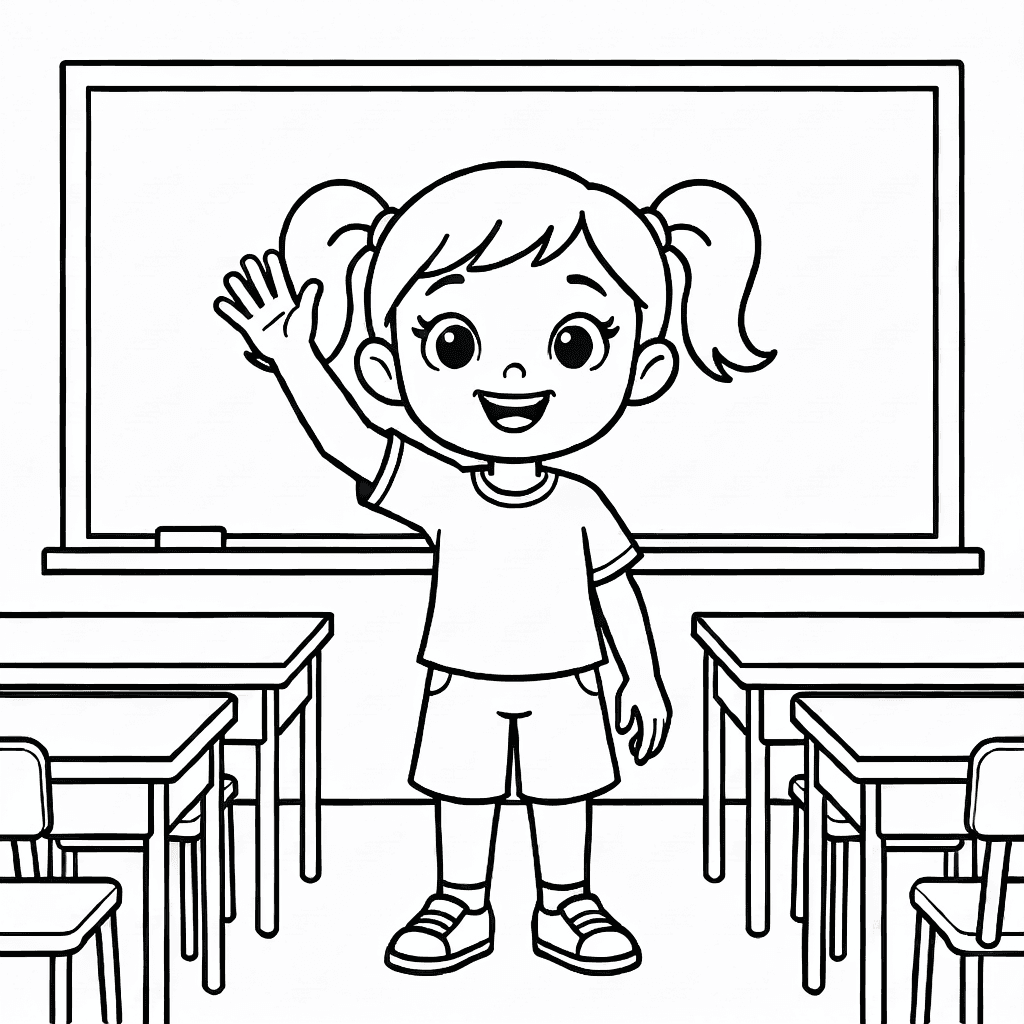 Fille avec couettes levant la main dans une classe avec tableau noir et bureaux