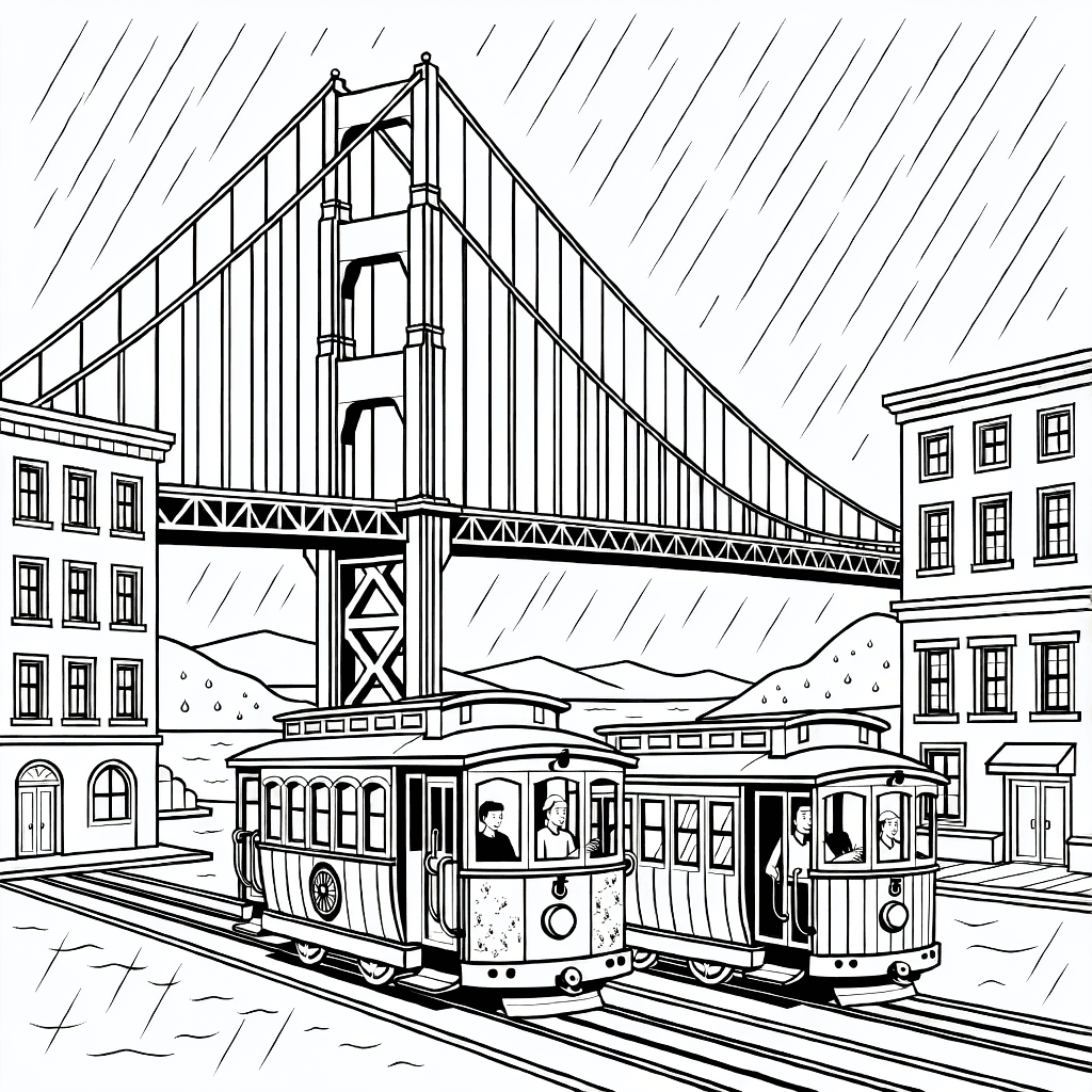 Detailed illustration of San Francisco rainy day with Golden Gate Bridge, cable cars, buildings, and falling raindrops