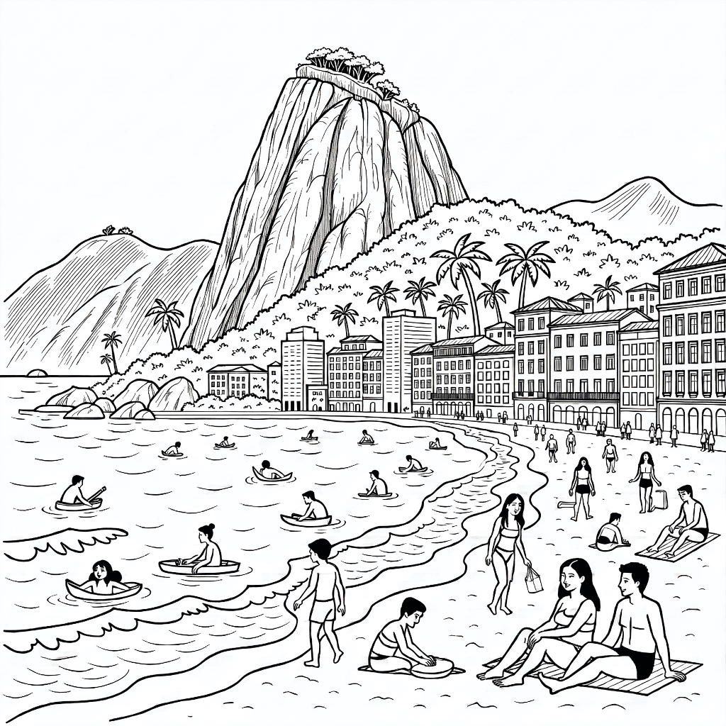Panoramic view of Rio de Janeiro with Sugarloaf Mountain, city beach, swimmers and detailed buildings