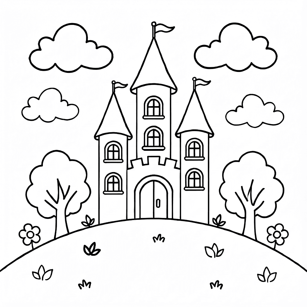 Whimsical castle on hill with rounded towers, pointed spires, windows, entrance, clouds, trees, and flowers
