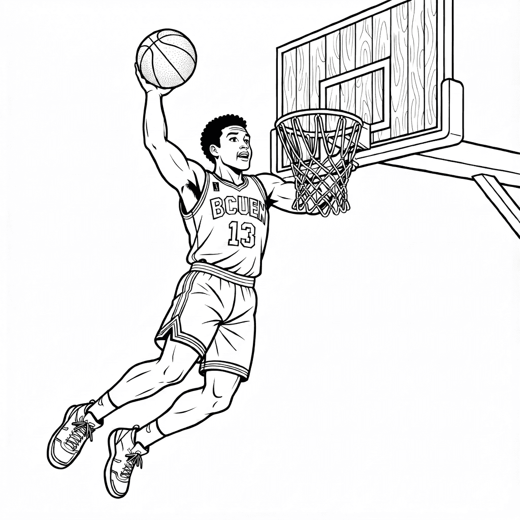 Jugador de baloncesto realizando clavada con uniforme detallado, aro y balón texturizado sobre fondo blanco