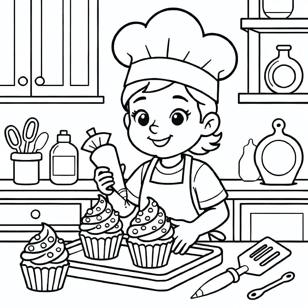 Cheerful baker decorating cupcakes wearing a chef hat and apron in a cozy kitchen
