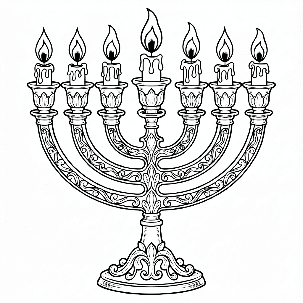 Close-up of an ornate silver menorah with ten burning candles showing intricate decorative patterns.