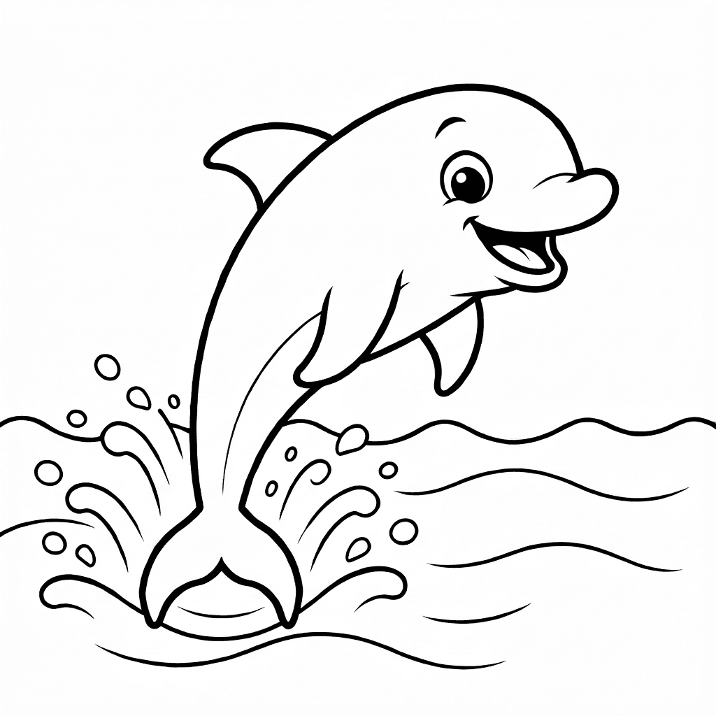 Un dauphin souriant sautant à travers des vagues douces sur fond blanc