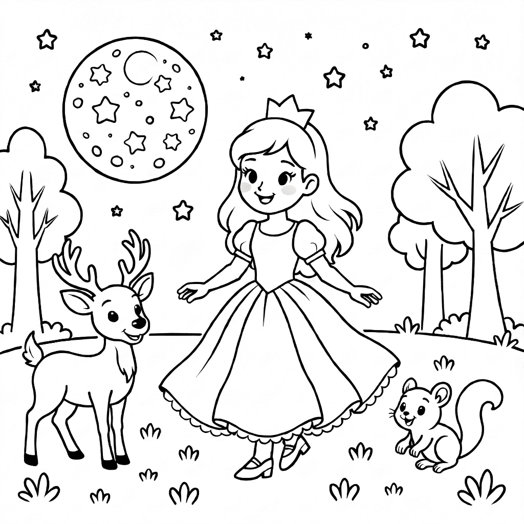 Principessa che danza in una radura con un cervo e uno scoiattolo sotto una grande luna