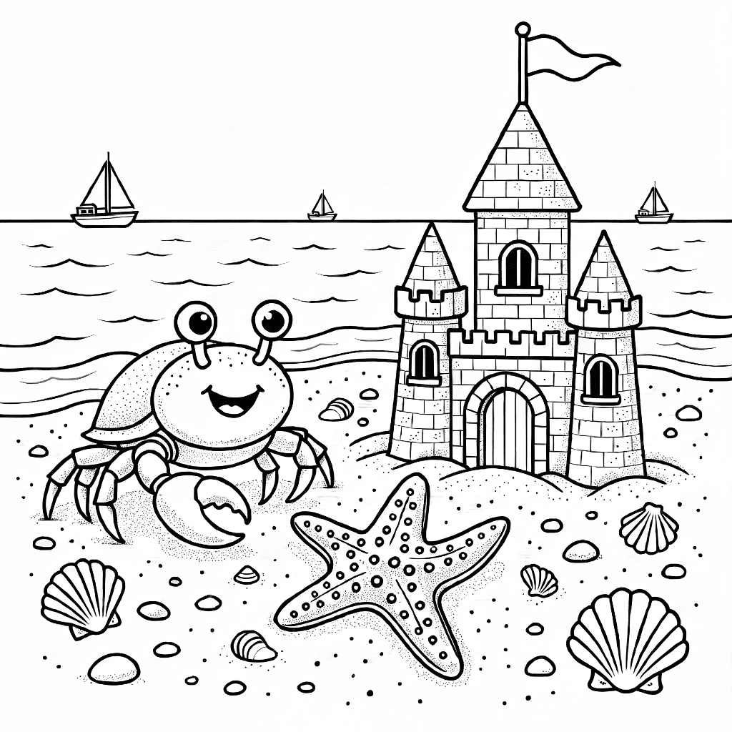 A crab and a starfish building a sandcastle together on the beach