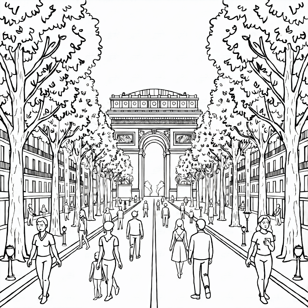 Detaillierte Ansicht der Champs-Élysées Allee mit hohen Bäumen und dem Arc de Triomphe im Hintergrund