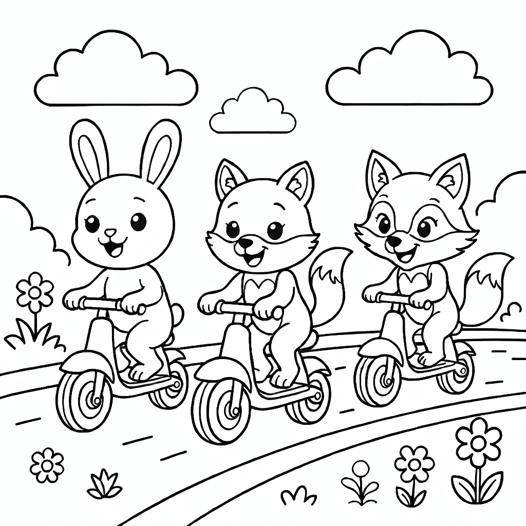 Animals riding scooters in a lively race