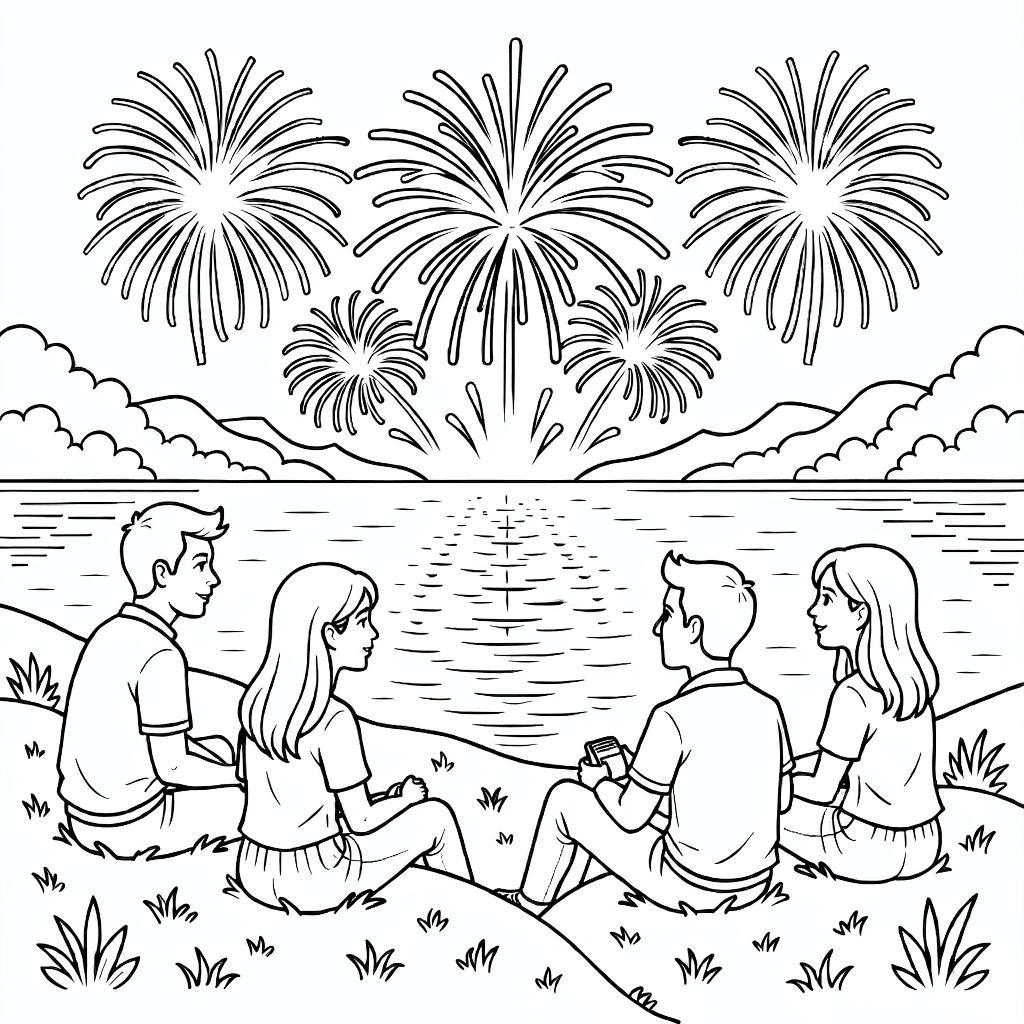 Gruppe von Freunden sitzt auf einem grasbewachsenen Hügel und schaut bei Dämmerung Feuerwerk über dem See