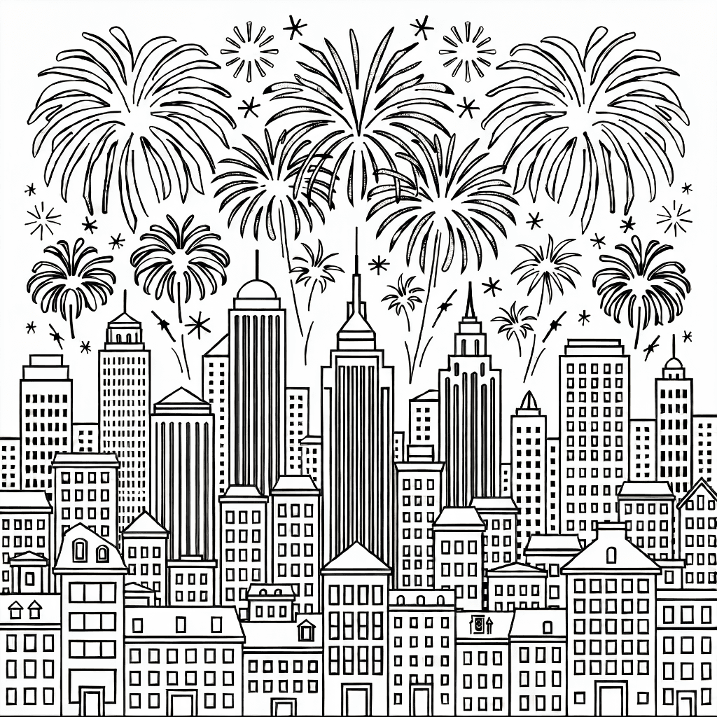 Detaillierte Stadt-Skyline bei Mitternacht mit Hochhäusern und komplexen Feuerwerken
