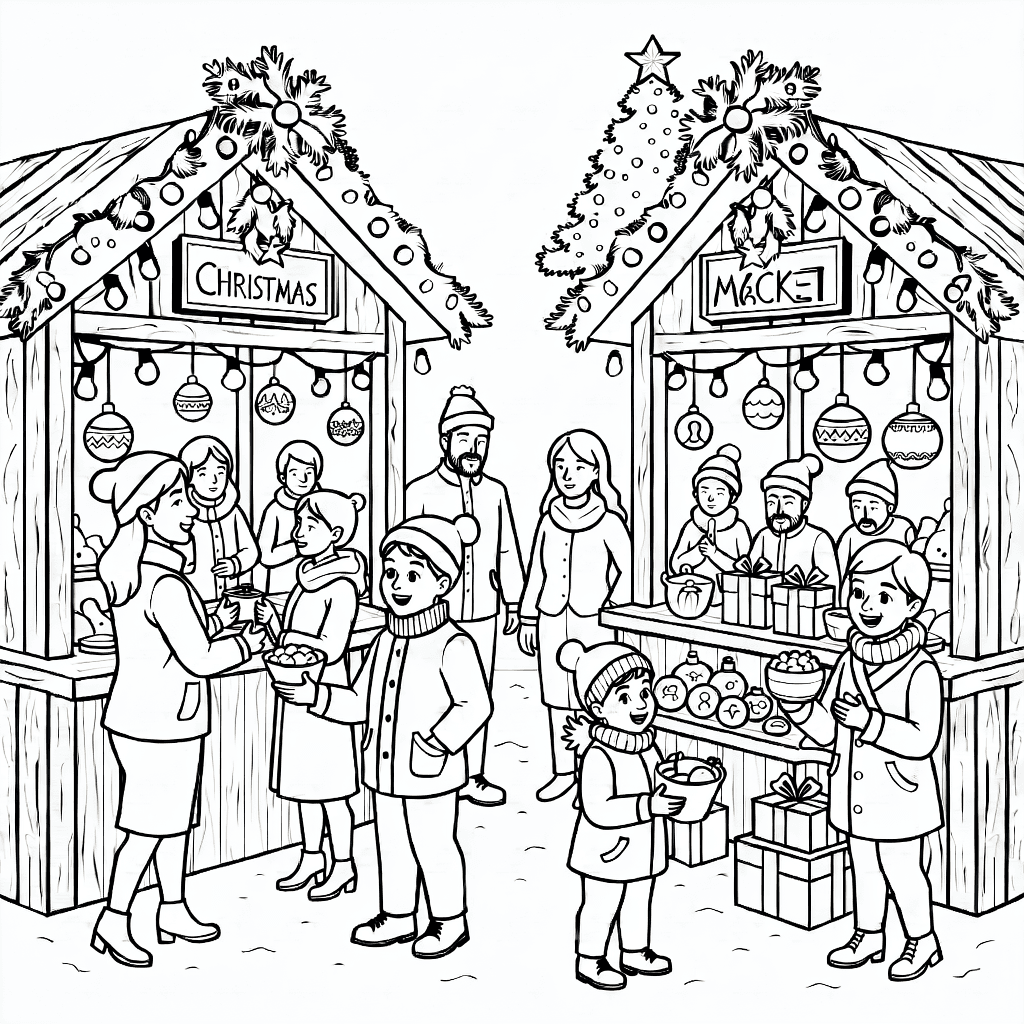 Detaillierte Weihnachtsmarktszene mit dekorierten Ständen, Besuchern, Girlanden, Ornamenten und Lichterketten
