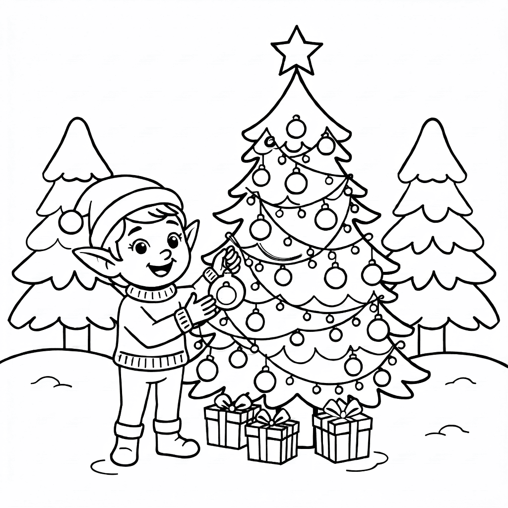 Fröhlicher Elf mit Mütze und Pullover schmückt großen Weihnachtsbaum im verschneiten Wald mit zwei schneebedeckten Bäumen im