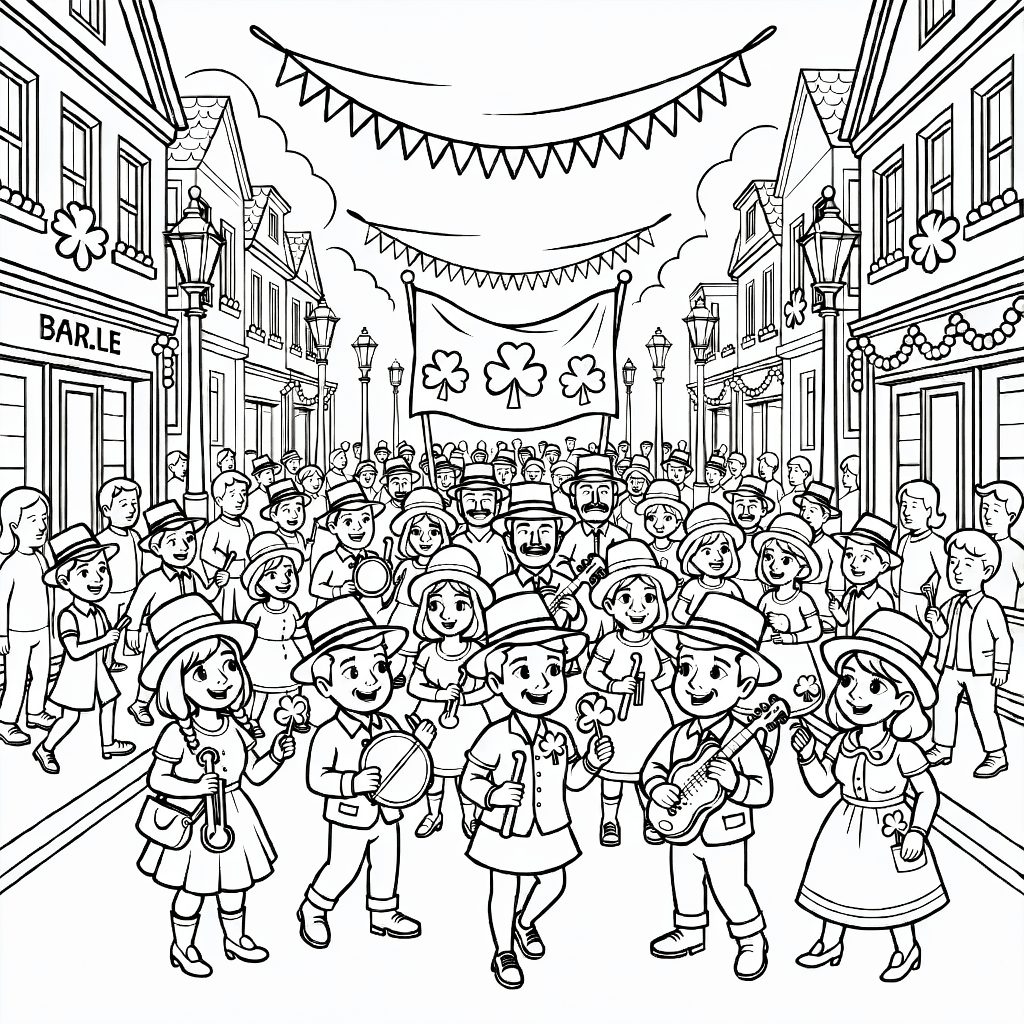 Ausmalbild eines St Patrick's Day Umzugs mit Menschen in grünen Hüten, Bannern, Musikinstrumenten und geschmückten Gebäuden.