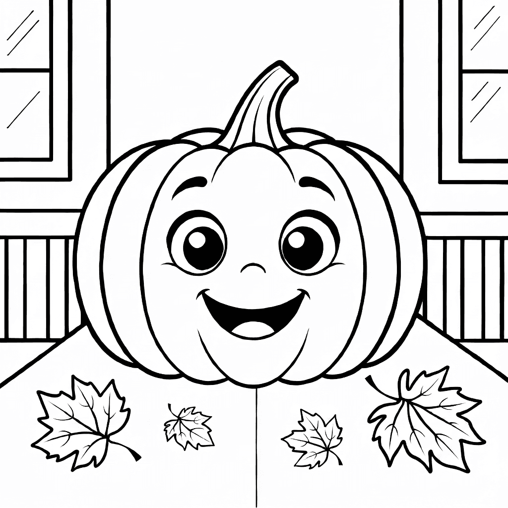 A smiling pumpkin with big eyes sitting on a porch with scattered autumn leaves around it