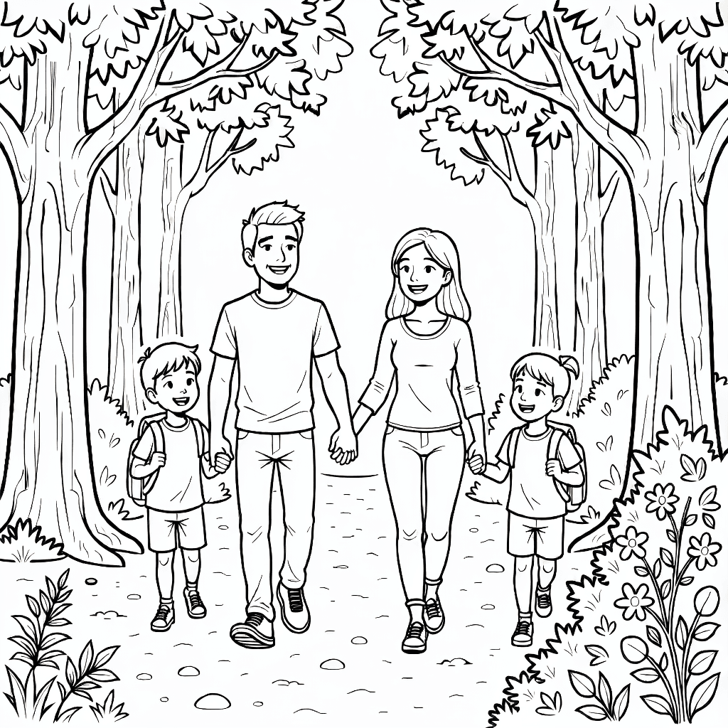 Familie mit zwei Erwachsenen und zwei Kindern, die Hand in Hand auf einem Waldweg mit Bäumen und Wildblumen spazieren