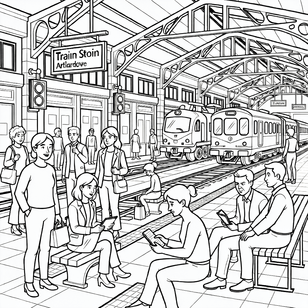 Detailed busy train station scene with passengers waiting and trains arriving at tracks