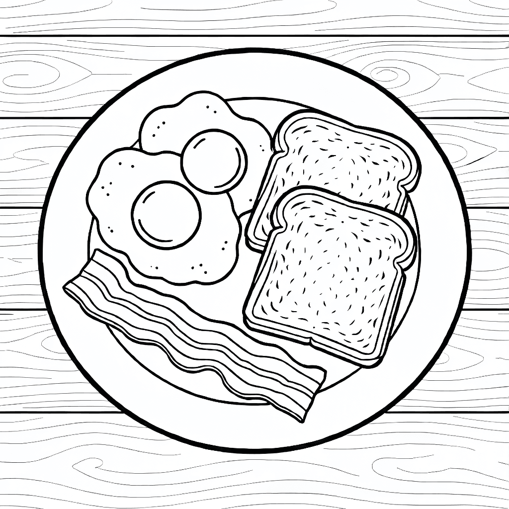 Realistischer Frühstücksteller mit Spiegeleiern, knusprigem Speck und Toast auf einem Holztisch