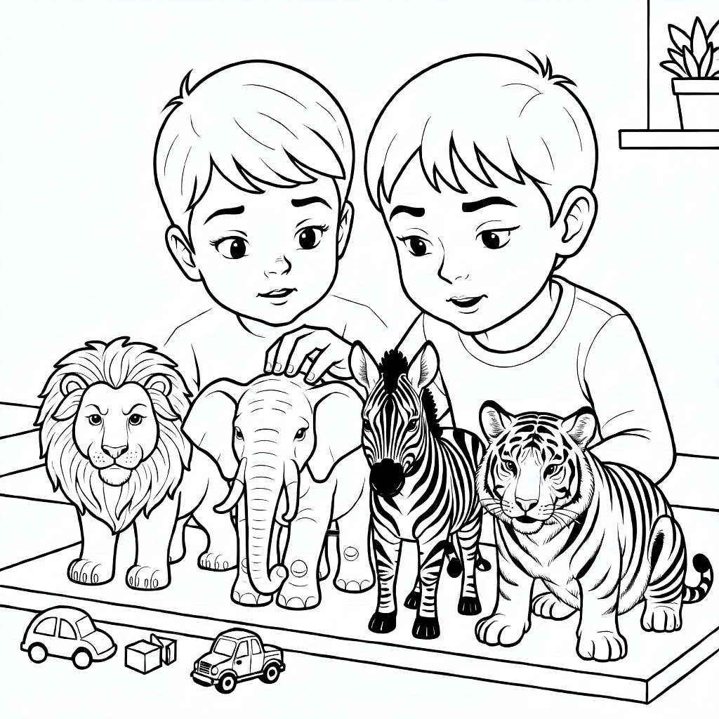 Bambino che sistema figurine dettagliate di leone, elefante, zebra e tigre su una superficie piana in interno
