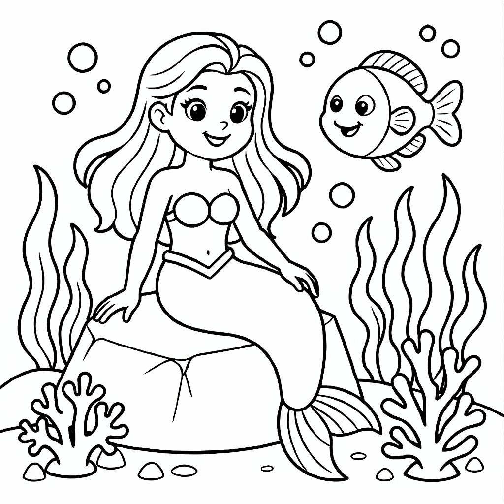 Illustration of two mermaids playing underwater surrounded by fish and bubbles