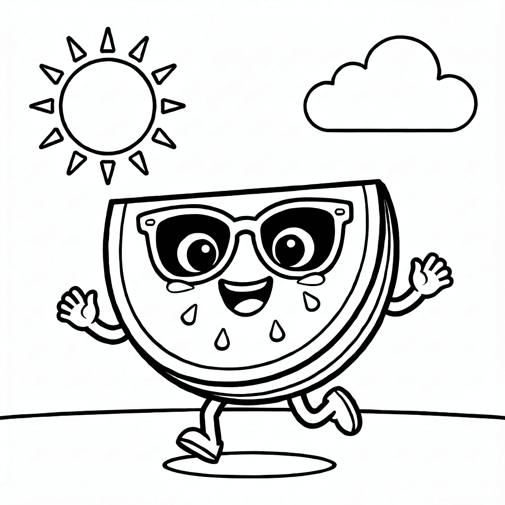 Tranche de pastèque souriante avec lunettes de soleil dansant sous soleil et nuages