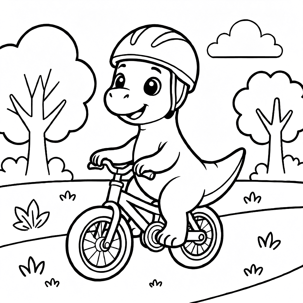 A dinosaur wearing a helmet riding a small bicycle