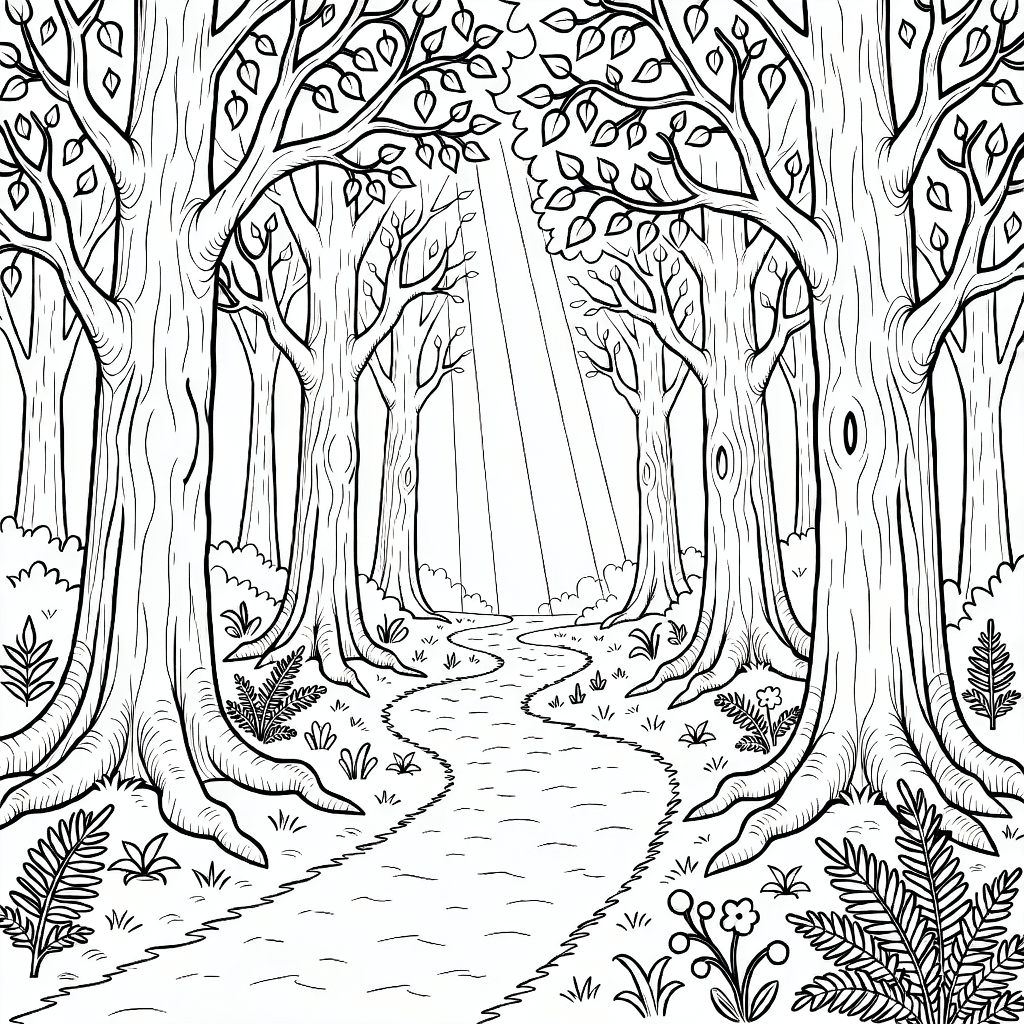 Winding forest path surrounded by tall trees with textured bark and sun rays shining through treetops