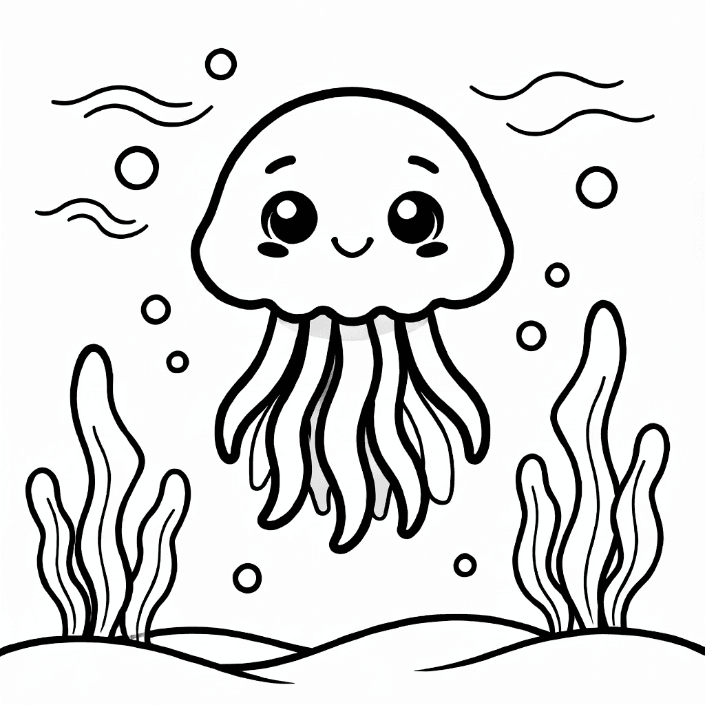 A tiny jellyfish with rounded features floating near simple waves and seaweed in the deep sea.