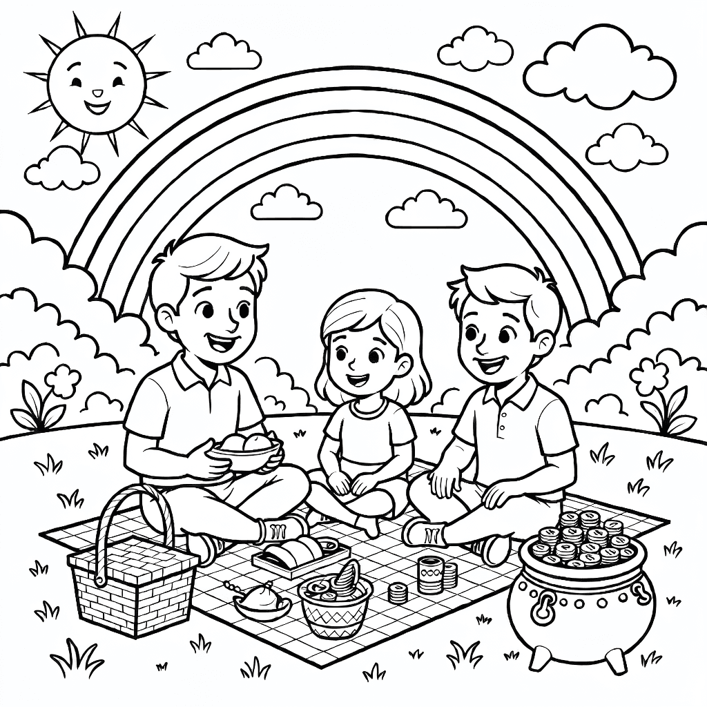 Familie beim Picknick auf Decke mit Körben und Essen, Regenbogen am Himmel, Goldtopf auf Gras