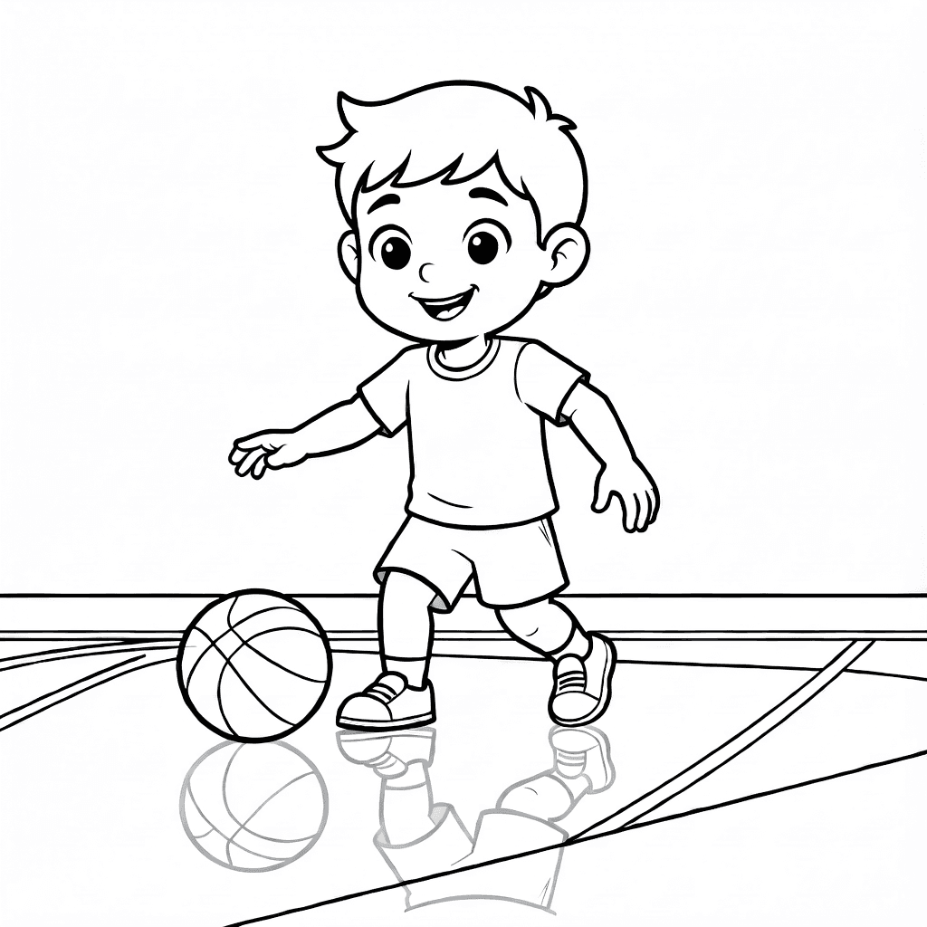 Niño sonriente driblando un balón en una cancha brillante con líneas suaves