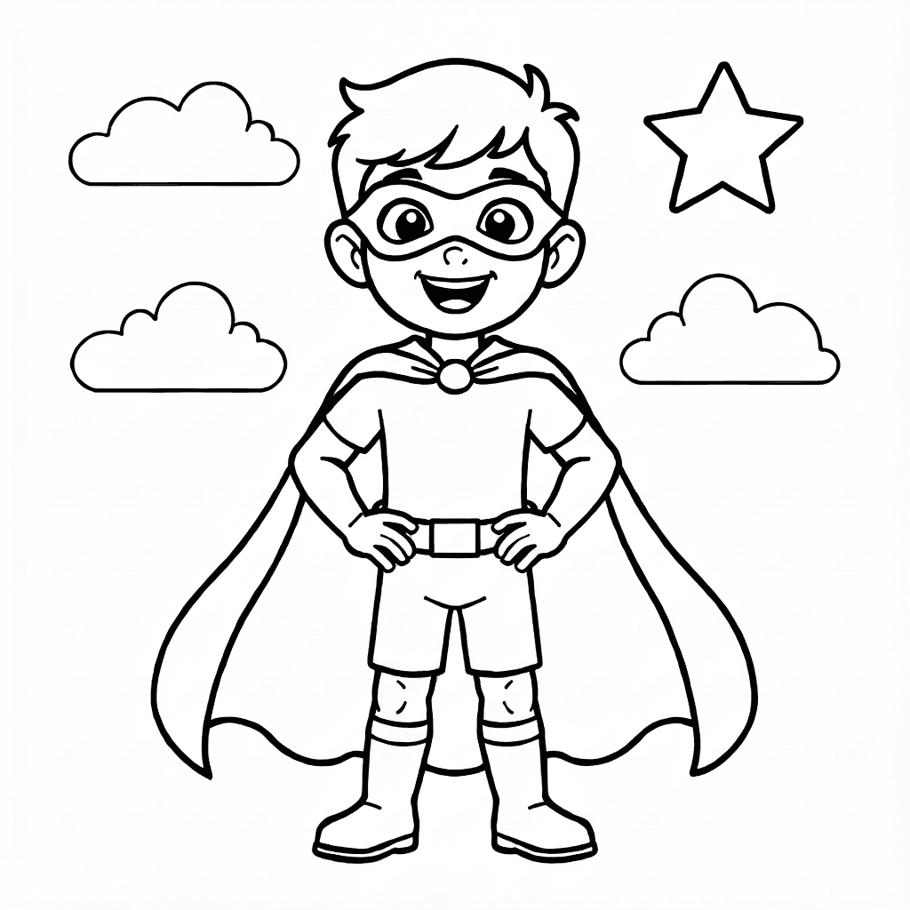 Lächelnder Junge mit Superhelden-Umhang und Maske vor Wolken und Stern