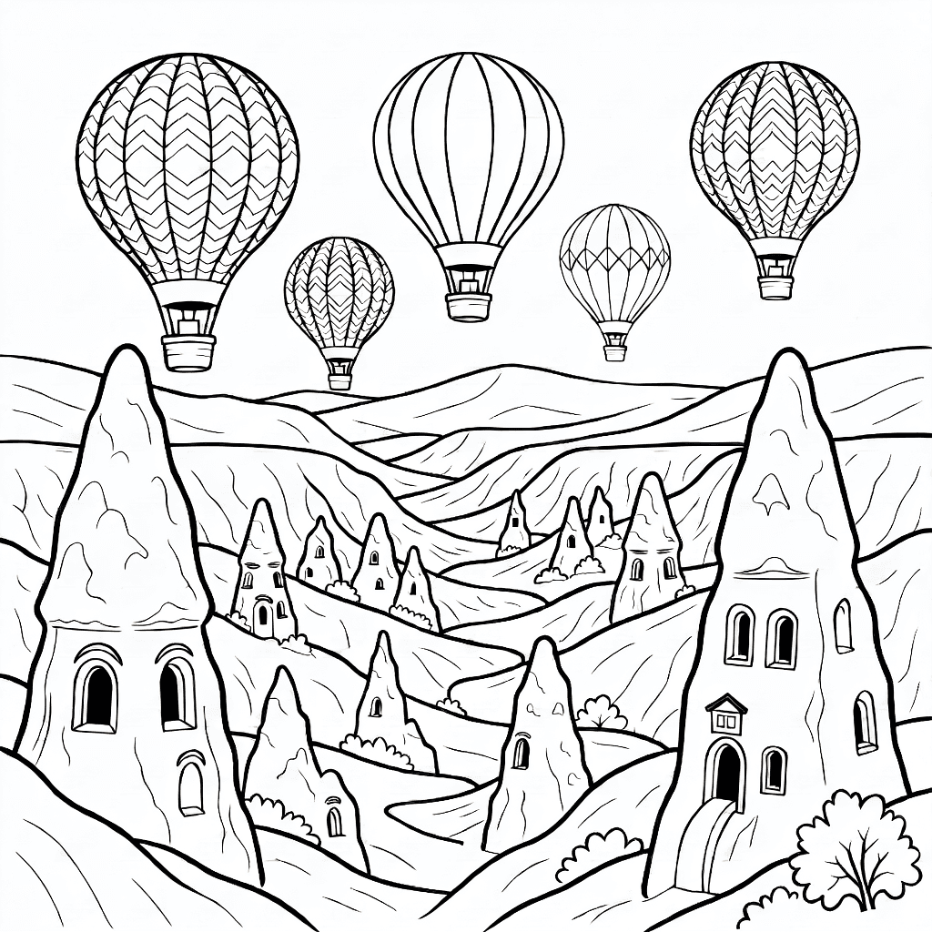 Hot air balloons floating over detailed rock formations and fairy chimneys in Cappadocia at early morning