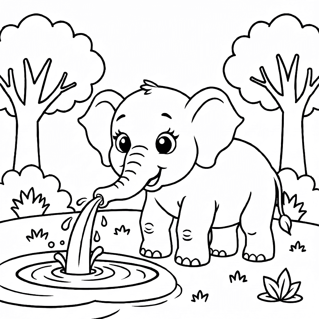 Niedlicher Baby-Elefant spritzt Wasser mit seinem Rüssel an einer Wasserstelle mit Bäumen und Büschen im Hintergrund