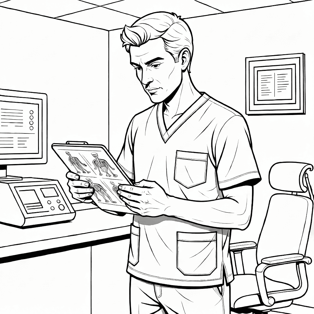 Arzt in Schutzkleidung schaut auf Tablet mit medizinischen Charts in moderner Klinik mit Geräten und Stuhl