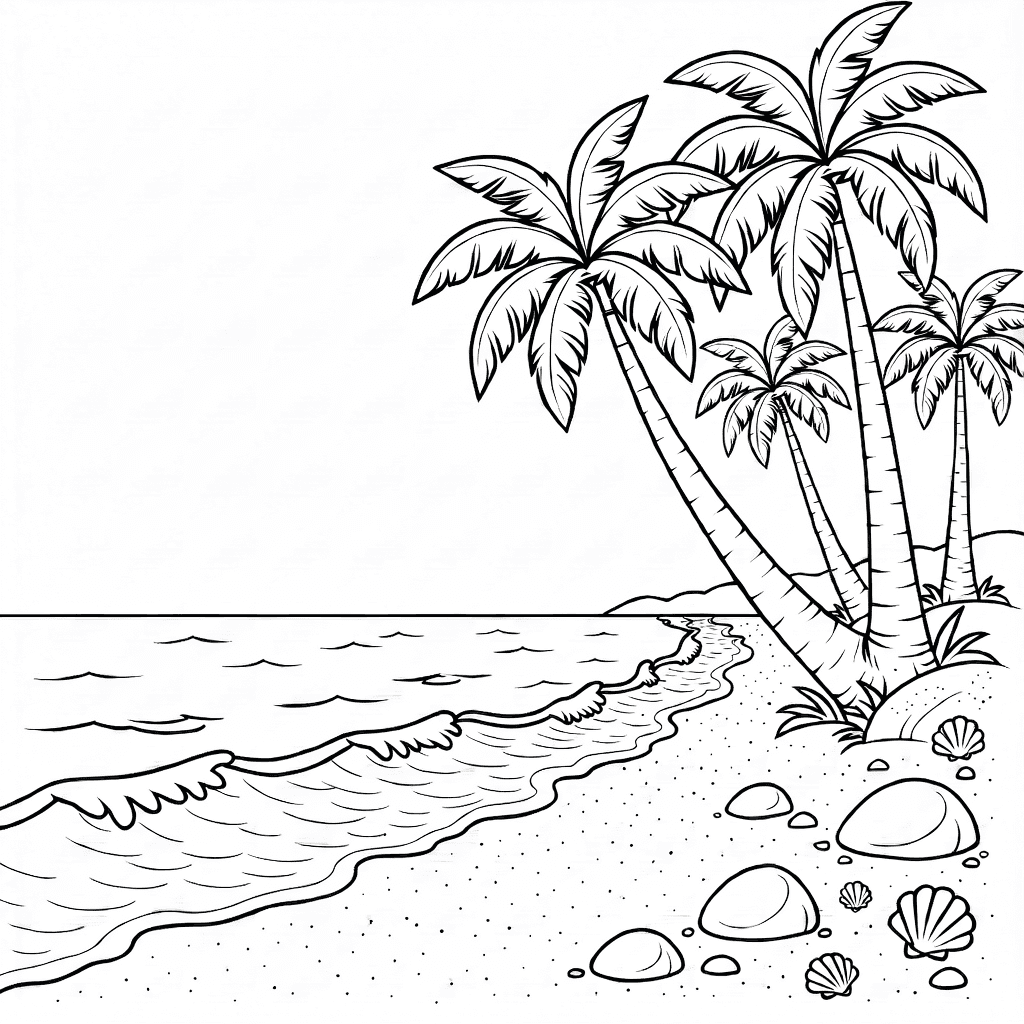 Detailed tropical island beach with palm trees, clear water, sand, seashells, and rocks on a white background.