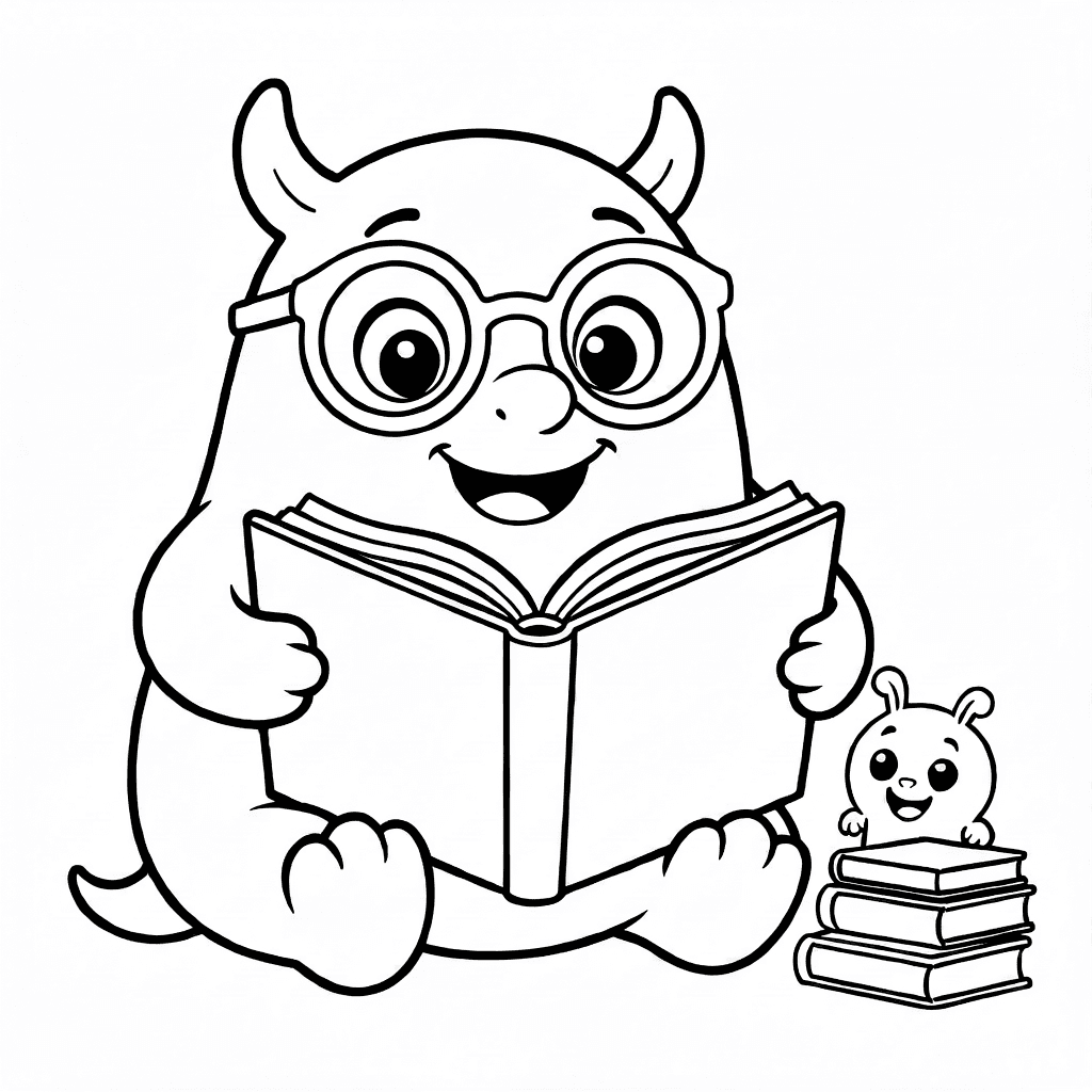 Freundliches rundes Monster mit schief sitzenden großen Brillen liest ein großes Buch, Bücher und kleines Wesen dahinter