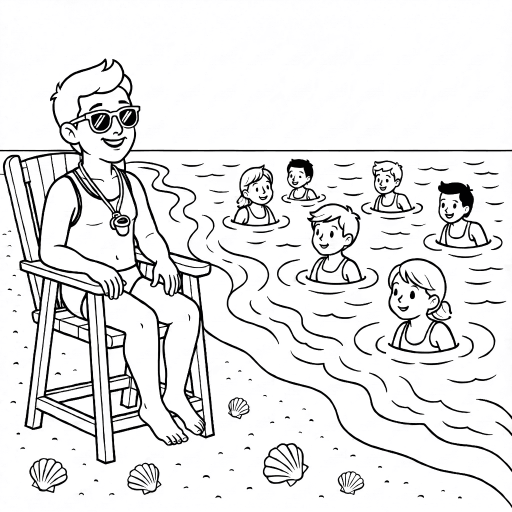 Fröhlicher Rettungsschwimmer mit Badeanzug und Sonnenbrille auf hohem Strandstuhl, Strand mit Sand, Muscheln und Wellen